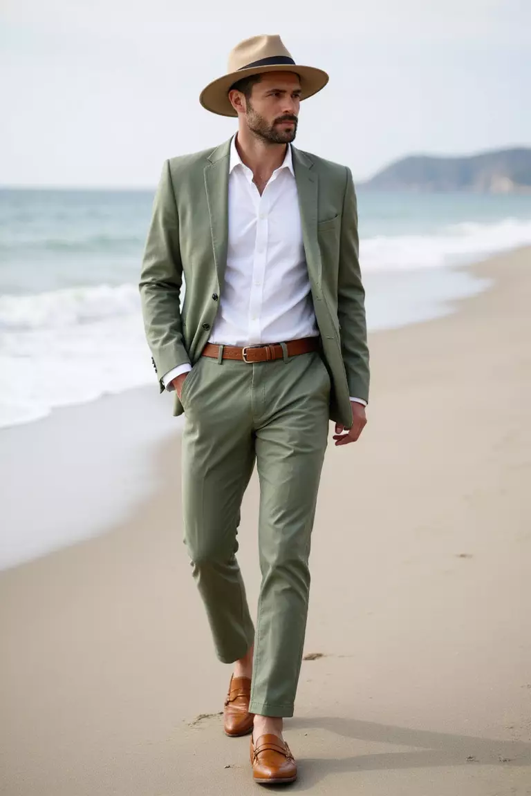 White Shirt, Green Pantsuit, Amber Loafers, Hat A professional photo, similar to a photo in a wedding magazine, of a man wearing a crisp white button-down shirt, sage green linen suit, amber leather loafers, and stylish wide-brimmed hat on beach.