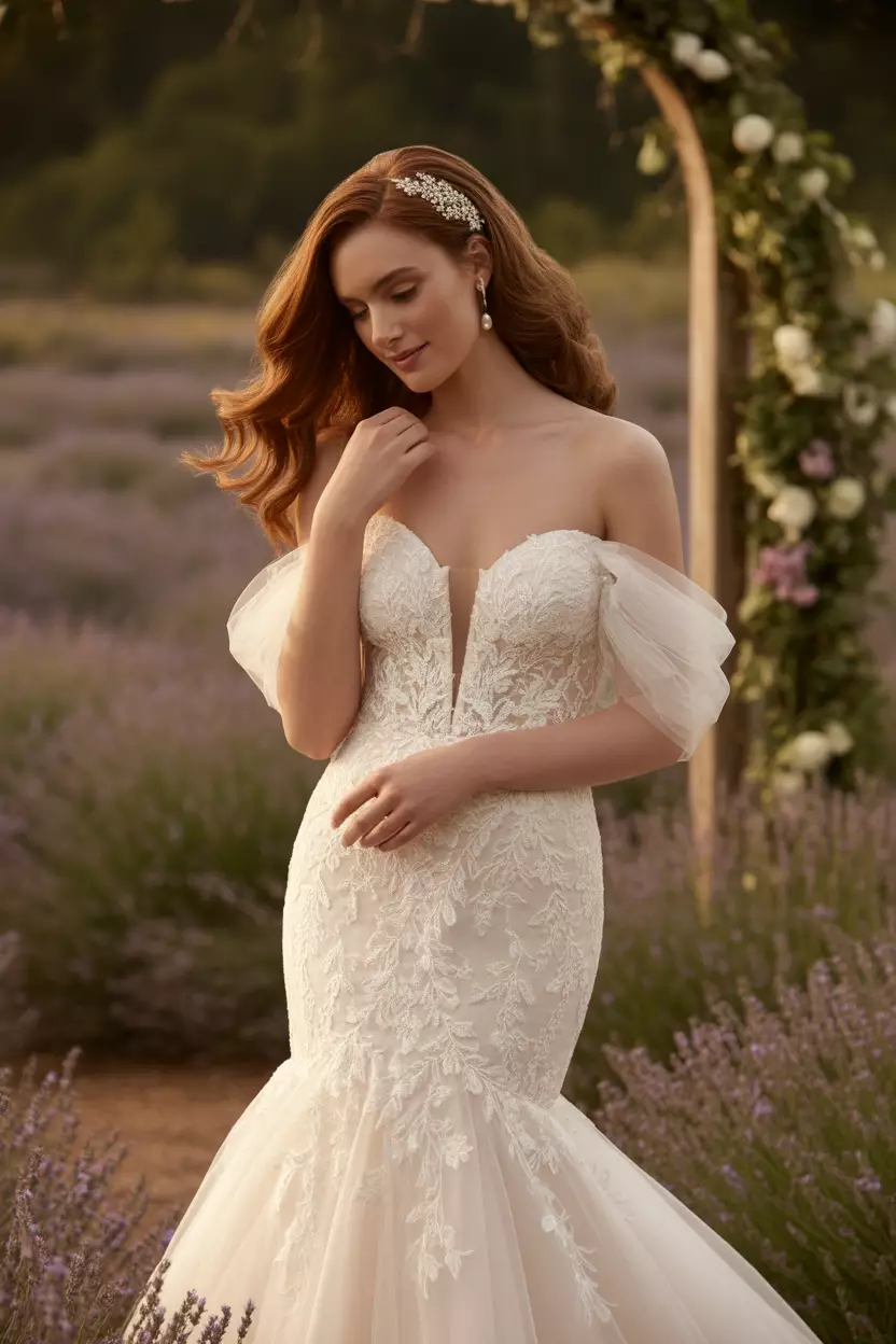 A beautiful bride in an off-shoulder tulle and lace mermaid wedding dress.