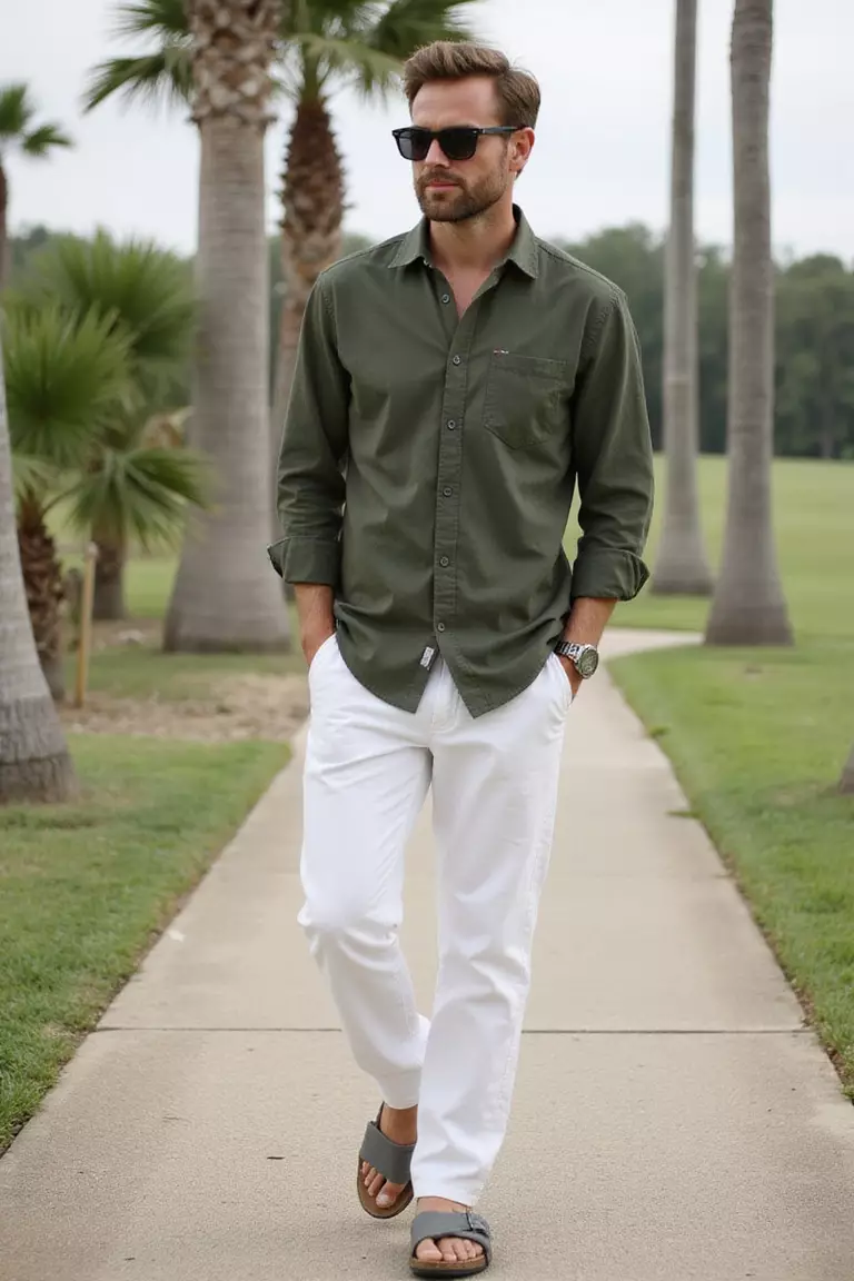 Dark Green Shirt, White Linen Pants, Grey Birkenstocks, Sunglasses A professional photo, similar to a photo in a wedding magazine, of a man wearing a dark green linen shirt, relaxed white linen pants, comfortable grey Birkenstocks, and fashionable sunglasses near palm trees.
