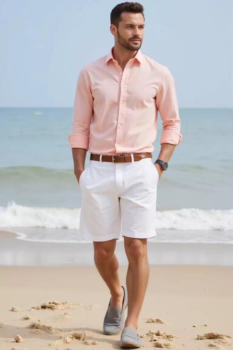 Pink Linen Shirt, White Shorts, Grey Loafers A professional photo, similar to a photo in a wedding magazine, of a man wearing a light pink linen button-up shirt, tailored white linen shorts, and soft grey suede loafers on sandy beach.