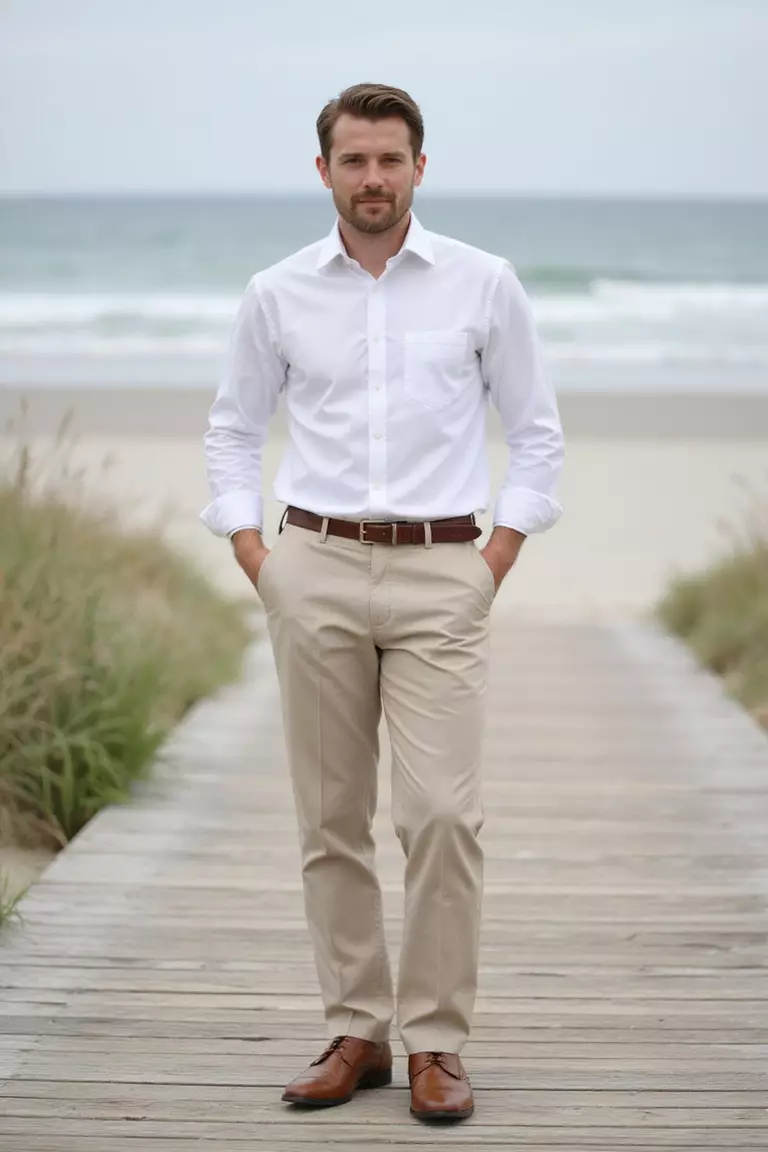 White Shirt, Neutral Linen Pantsuit, Brown Shoes A professional photo, similar to a photo in a wedding magazine, of a man wearing a white button-down shirt, beige linen suit, polished brown leather dress shoes standing on wooden boardwalk near beach.