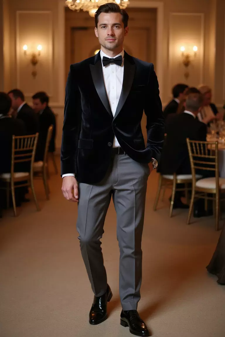 Black Velvet Blazer, White Shirt, Grey Pants, Patent Leather Shoes A professional photo, similar to a photo in a wedding magazine, of a man wearing a luxurious black velvet blazer, crisp white shirt, tailored grey dress pants, glossy patent leather shoes, at an evening wedding reception.