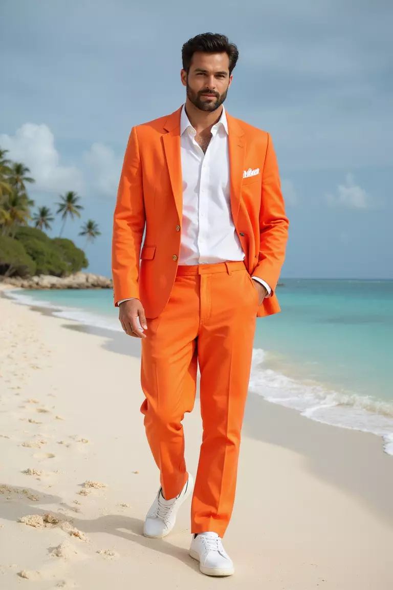 White Shirt, Neon Orange Suit, Sneakers A professional photo, similar to a photo in a wedding magazine, of a man wearing a crisp white dress shirt, vibrant neon orange linen suit, and clean white designer sneakers on tropical beach setting.