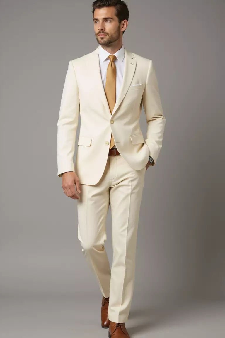 Cream Suit, White Shirt, Tan Tie, Tan Leather Shoes A professional photo, similar to a photo in a wedding magazine, of a man wearing a cream-colored suit with white dress shirt, tan silk tie, and matching tan leather dress shoes.