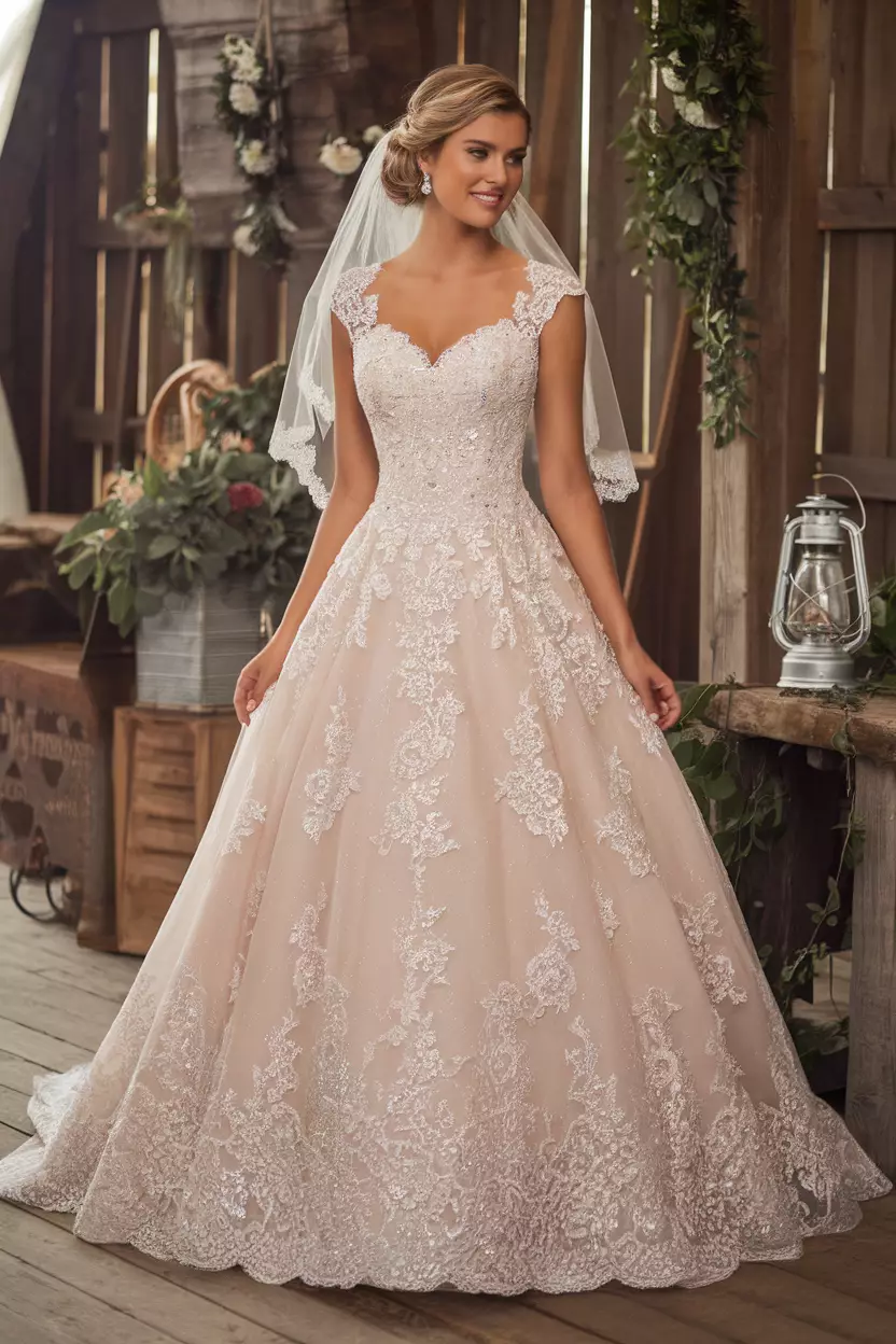 A beautiful bride in an A-line wedding dress featuring lace, tulle, and sequins.