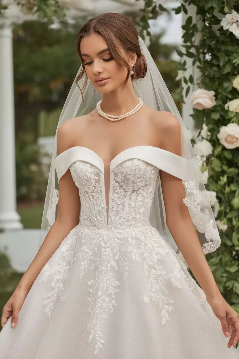 A beautiful bride in a simple off-the-shoulder ivory Mikado wedding dress.