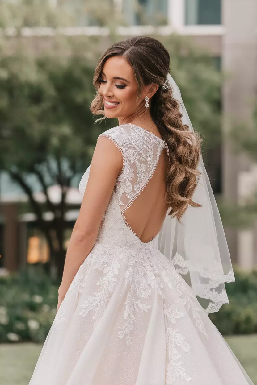 A beautiful bride in an A-line tulle wedding dress with an open back.