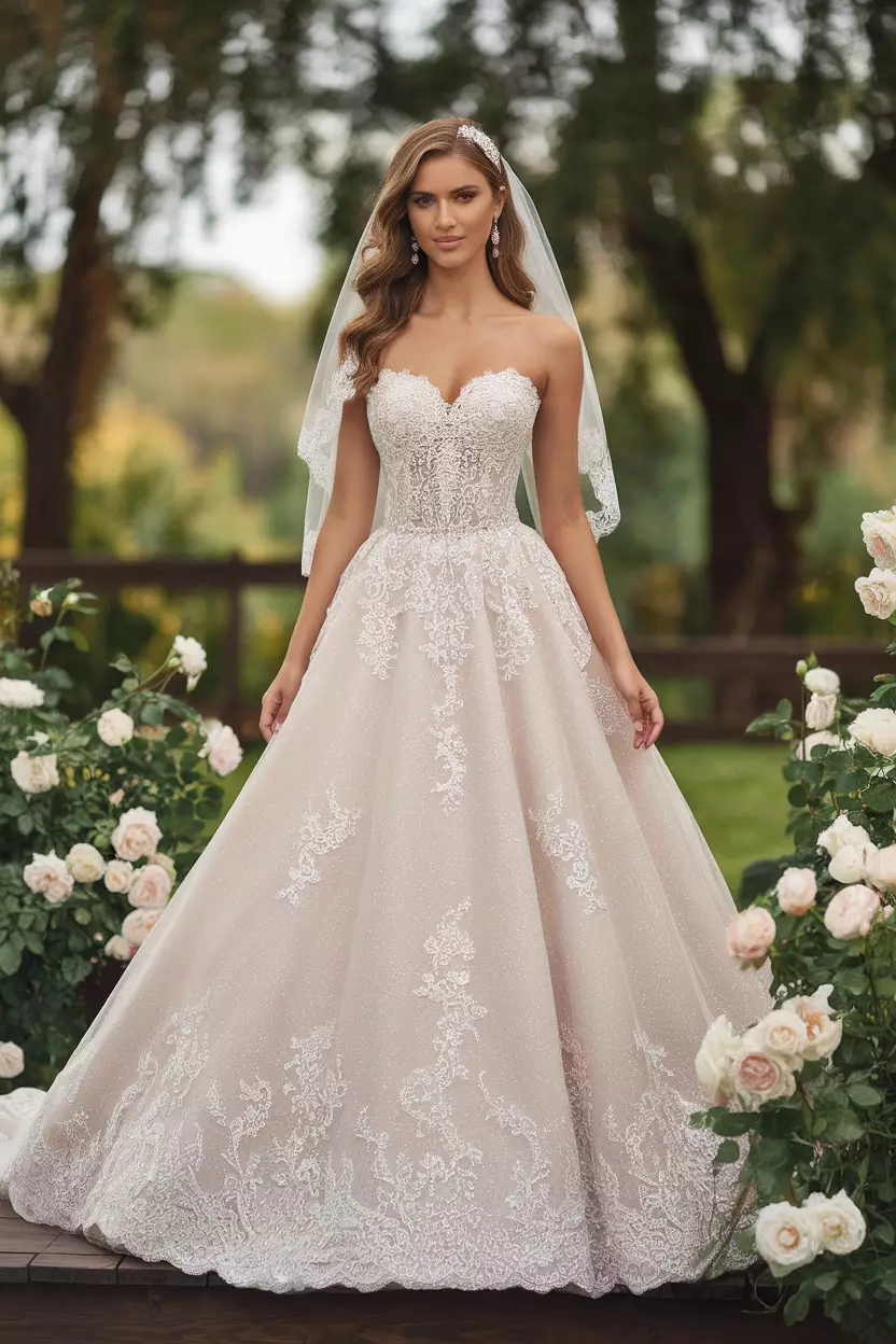 A beautiful bride in a strapless A-line wedding dress made of tulle and lace.