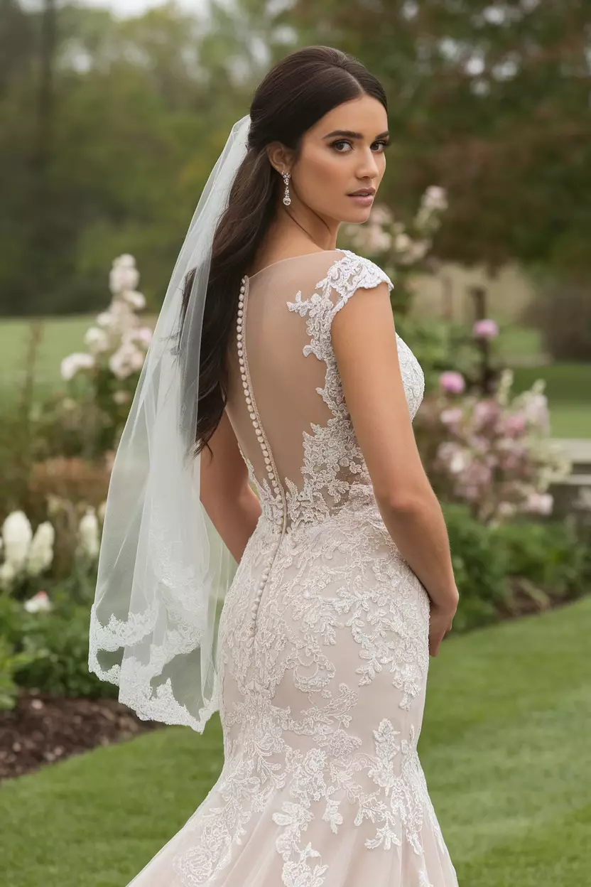 A beautiful bride in a backless fit-and-flare tulle and lace wedding dress.