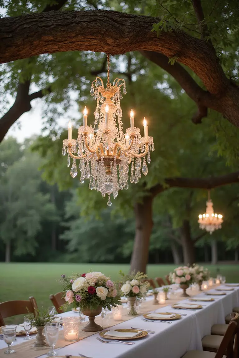 Antique Chandelier A professional photo, similar to a photo in a wedding magazine, of a crystal vintage chandelier hanging from a tree branch outdoors, casting romantic light over a rustic wedding reception table.