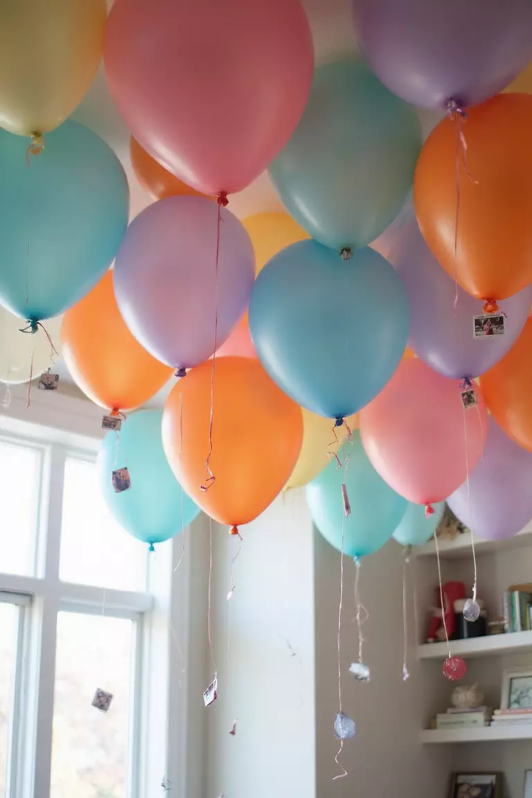 Ceiling Balloon Drop A professional photo, similar to a photo in a home design magazine, of dozens of helium balloons gathered at a ceiling, some with photos or notes attached, creating a colorful cloud effect.