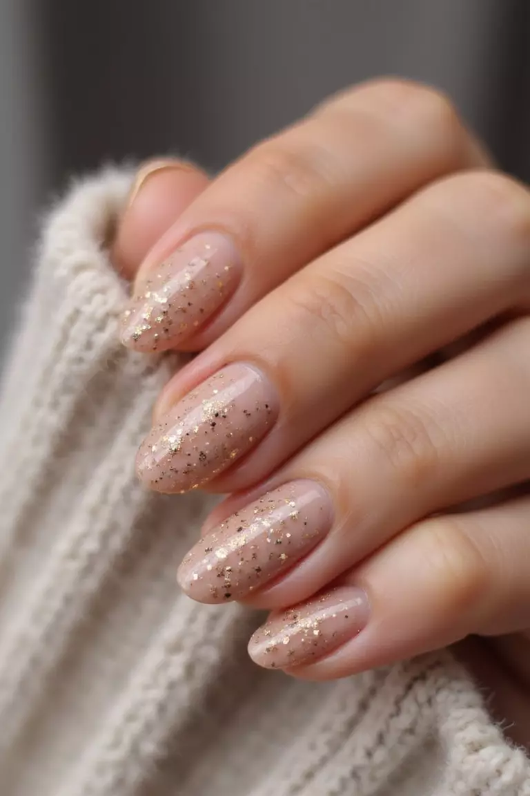 Nude Sparkle Close-up of a woman's hand with five fingers featuring short nails with nude polish base topped with sparse gold or silver glitter particles.