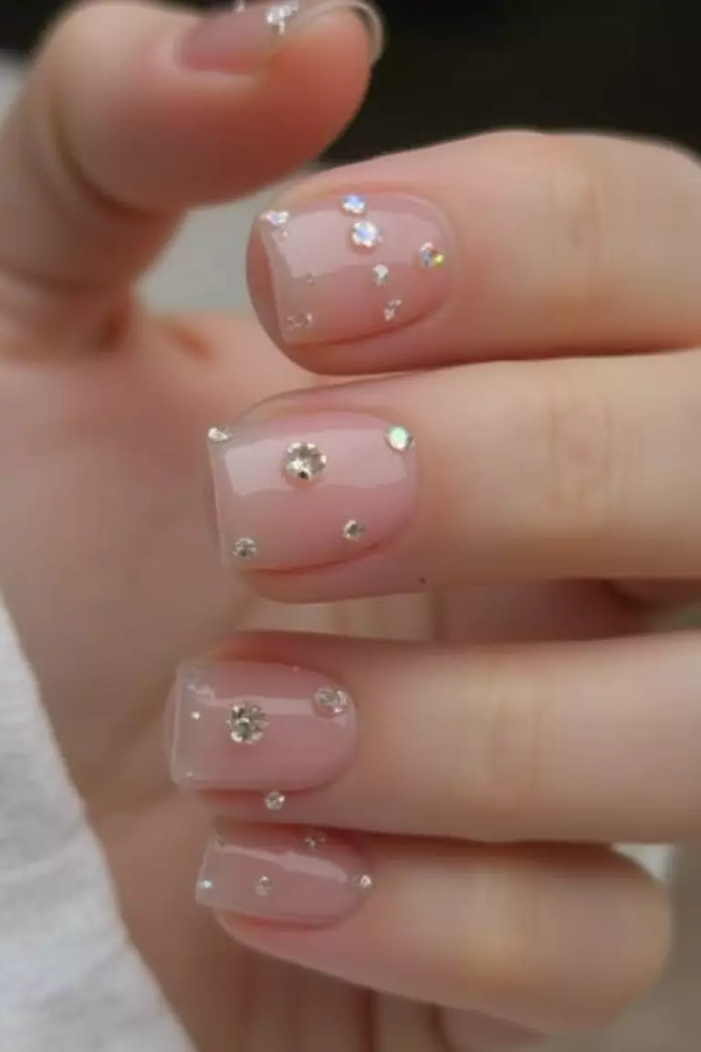 Close-up of a woman's hand with clear nails adorned with tiny crystal rhinestones placed strategically near cuticles.