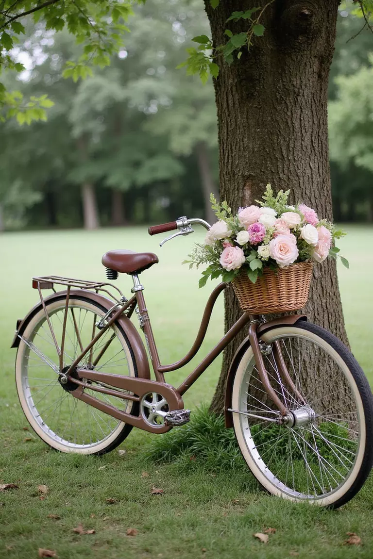 Vintage Bicycle Decor A professional photo, similar to a photo in a wedding magazine, of an antique bicycle with a basket full of flowers, leaning against a tree as decoration at a garden wedding.