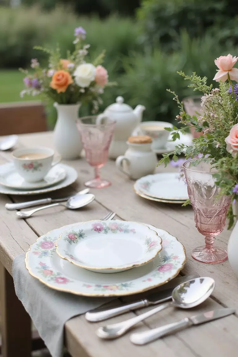 Vintage China Place Settings A professional photo, similar to a photo in a wedding magazine, of mismatched vintage china plates, teacups, and silverware arranged beautifully on a garden wedding table with floral accents.