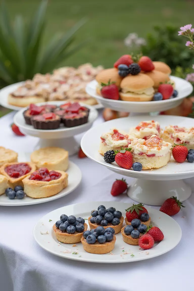 Summer Berry Dessert Table A professional photo, similar to a photo in a wedding magazine, of a dessert table featuring strawberry shortcakes, blueberry tarts, and raspberry-topped treats arranged on tiered stands with fresh berries as decoration.