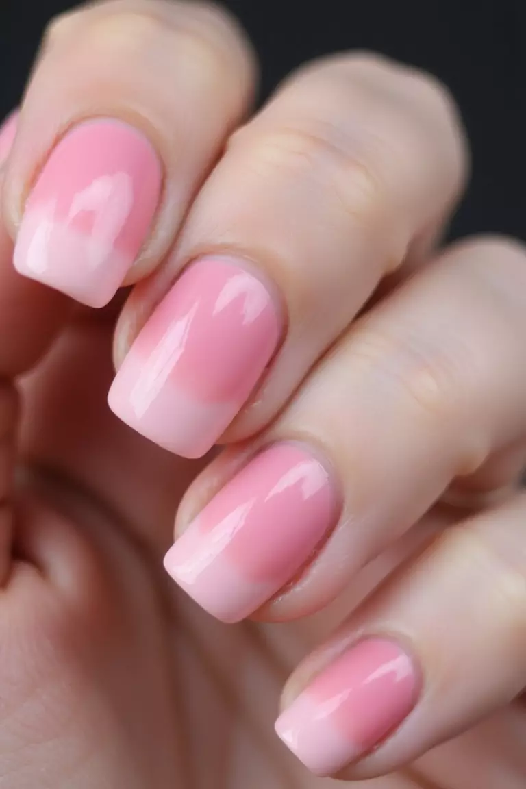 Blush Pink Ombré Close-up of a woman's hand with five fingers featuring pink ombré nails transitioning from pale pink at cuticle to deeper rose at tips, glossy finish.