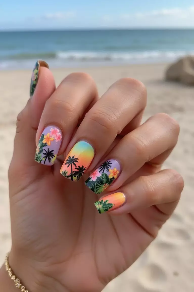 Tropical Paradise: Vibrant Designs for Destination Weddings Close-up of a woman's hand with vibrant nails featuring tiny palm trees, sunset ombre effects, and tropical flower designs against a beachy background.