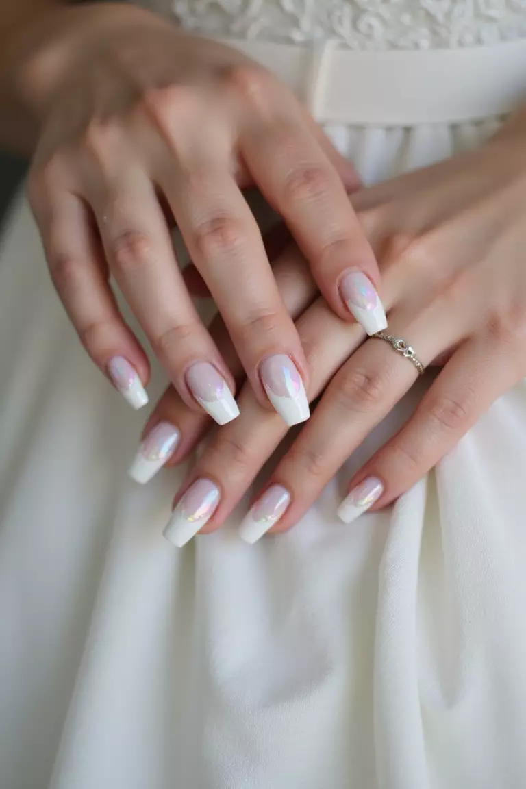 Close-up of a woman's hand showing white nails with pearl-like iridescent finish, soft lighting capturing the subtle rainbow reflections against wedding dress fabric.
