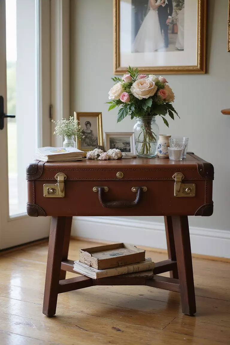 Vintage Suitcase Table A professional photo, similar to a photo in a wedding magazine, of a large vintage suitcase propped on wooden legs serving as a unique side table, decorated with flowers and wedding memorabilia.