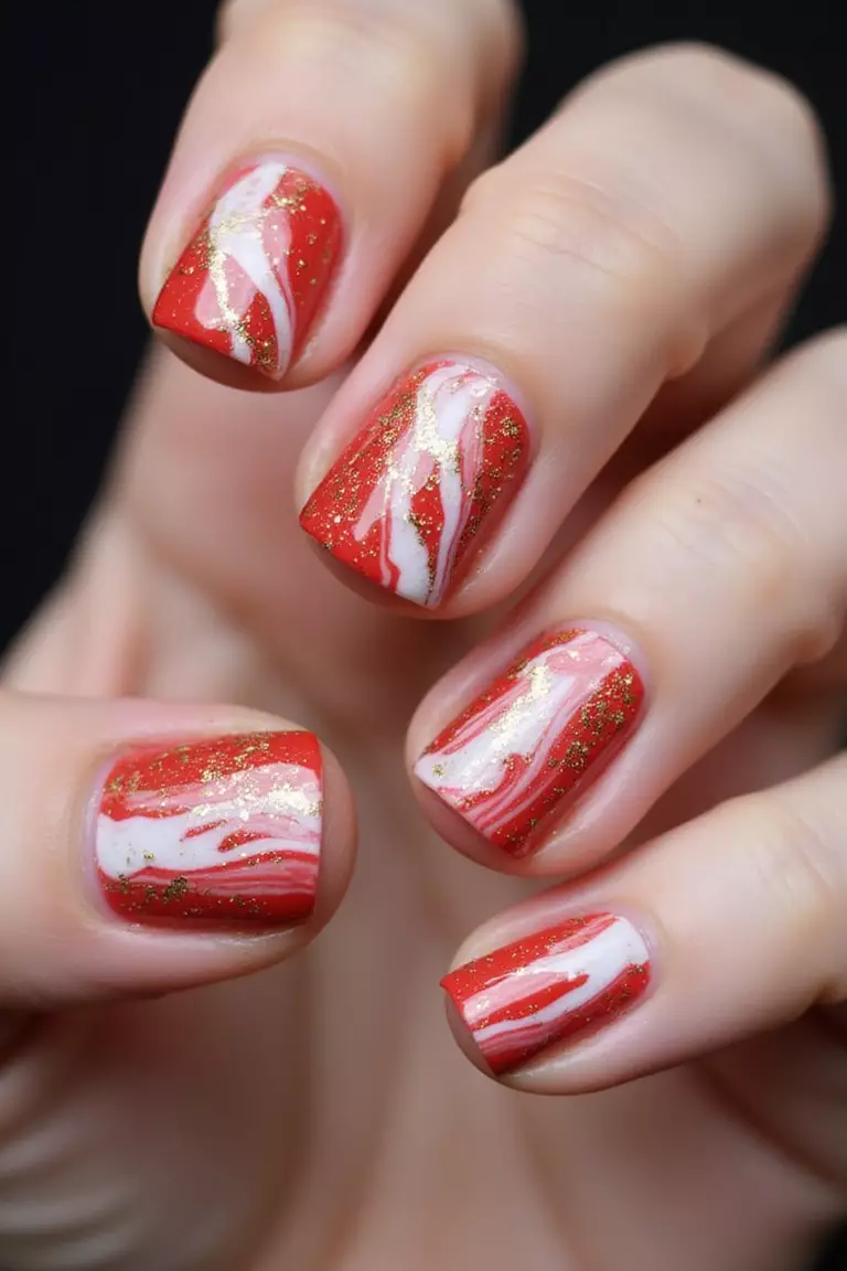 Close-up of a woman's hand with red and white marbled nails creating a smooth stone-like pattern, with gold flecks adding luxury to the swirled design.