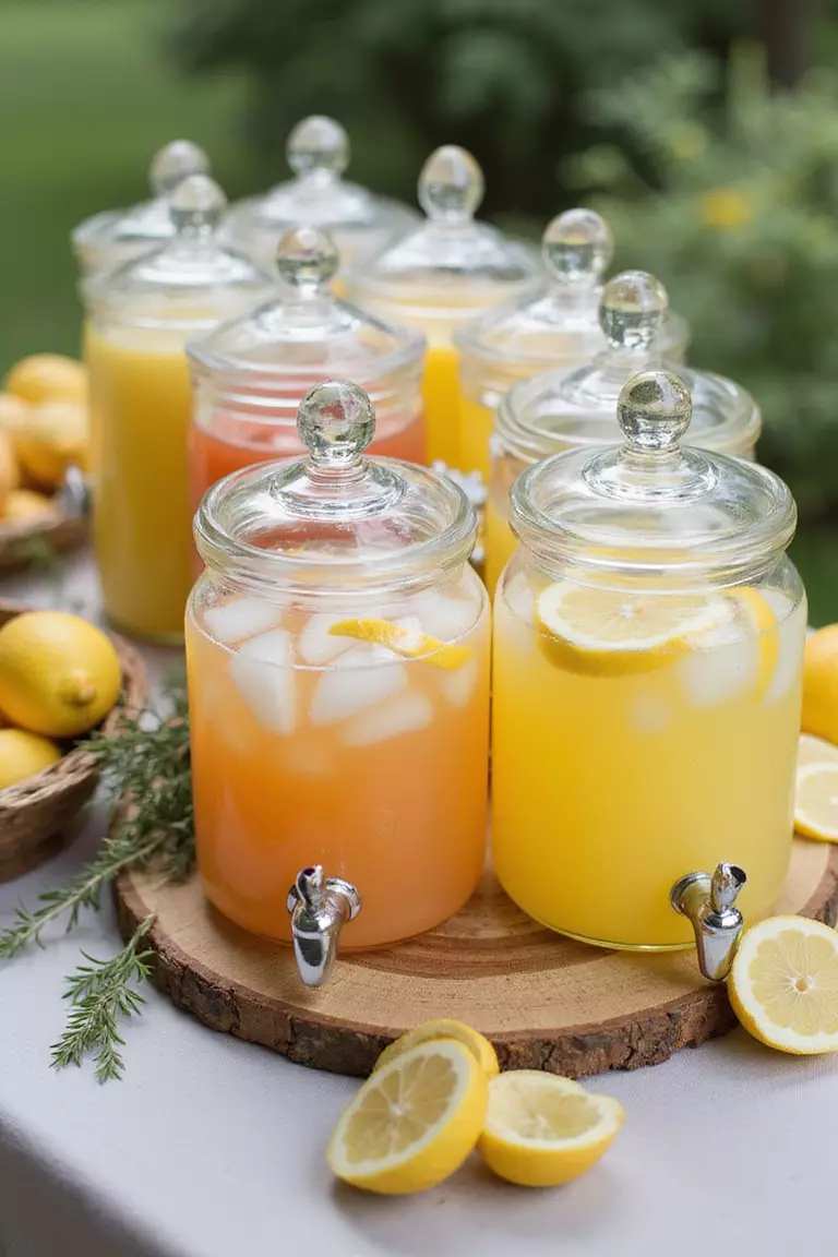 Lemonade Bar A professional photo, similar to a photo in a wedding magazine, of a charming lemonade bar with glass dispensers of different colored lemonades, fresh lemons, and herbs for garnish.