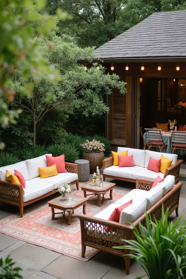 Outdoor Lounge Areas A professional photo, similar to a photo in a wedding magazine, of a stylish outdoor lounge area with comfortable sofas, colorful pillows, and low tables surrounded by greenery at a garden wedding.
