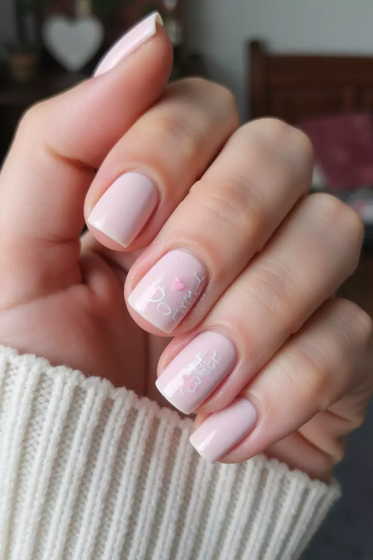 DIY Bridal Nails: Personalized Touches for the Hands-On Bride Close-up of a woman's hand with pale pink nails featuring hand-drawn hearts, wedding date in tiny numbers, and subtle white accents against a homey background.