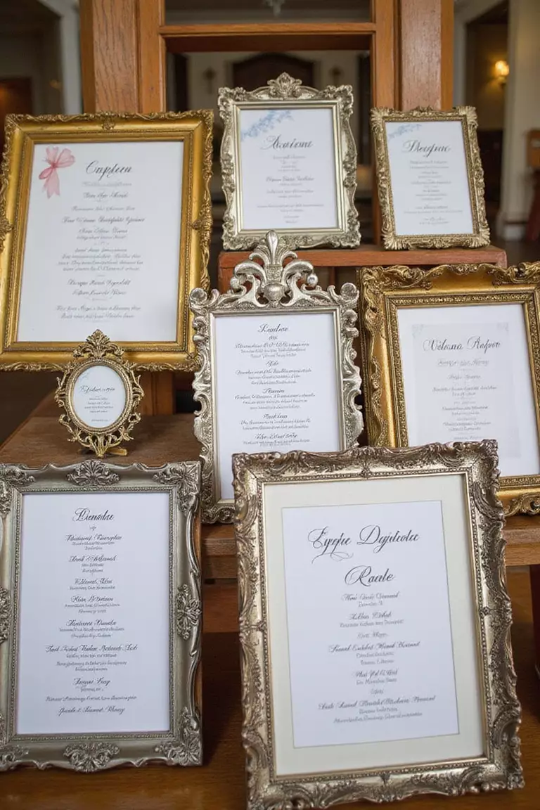 Antique Picture Frames A professional photo, similar to a photo in a wedding magazine, of ornate gold and silver vintage frames of various sizes displaying wedding signage and menus.