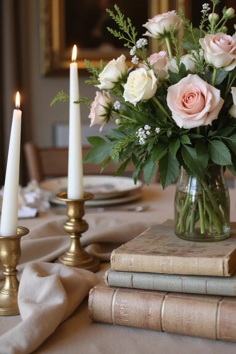 Vintage Books as Risers A professional photo, similar to a photo in a wedding magazine, of old hardcover books with faded spines stacked in varying heights, supporting flower arrangements and candles on an elegant table setting.