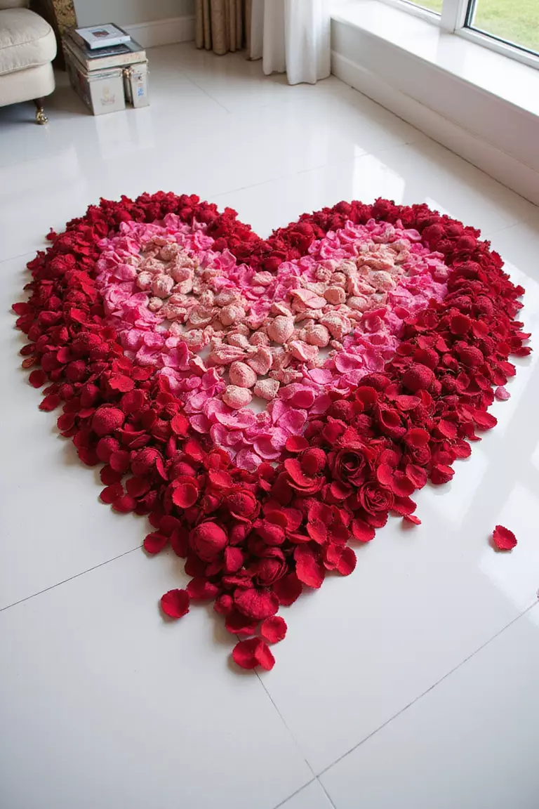 Flower Petal Heart A professional photo, similar to a photo in a home design magazine, of a large heart shape made from red and pink rose petals on a white bedroom floor, with soft lighting.