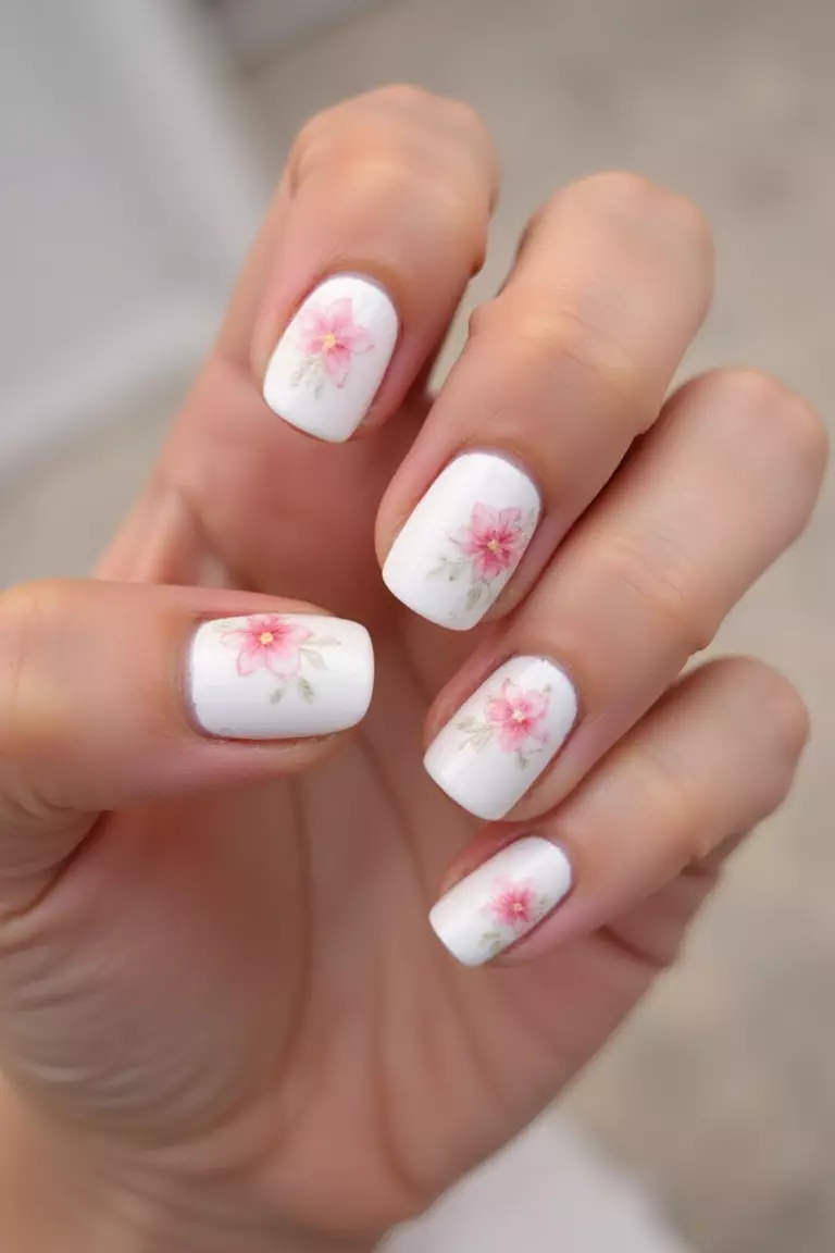 A Pink & White Floral Mani Close-up of a woman's hand with five fingers featuring white nails with delicate pink floral designs painted on select nails, creating a romantic spring-like appearance.