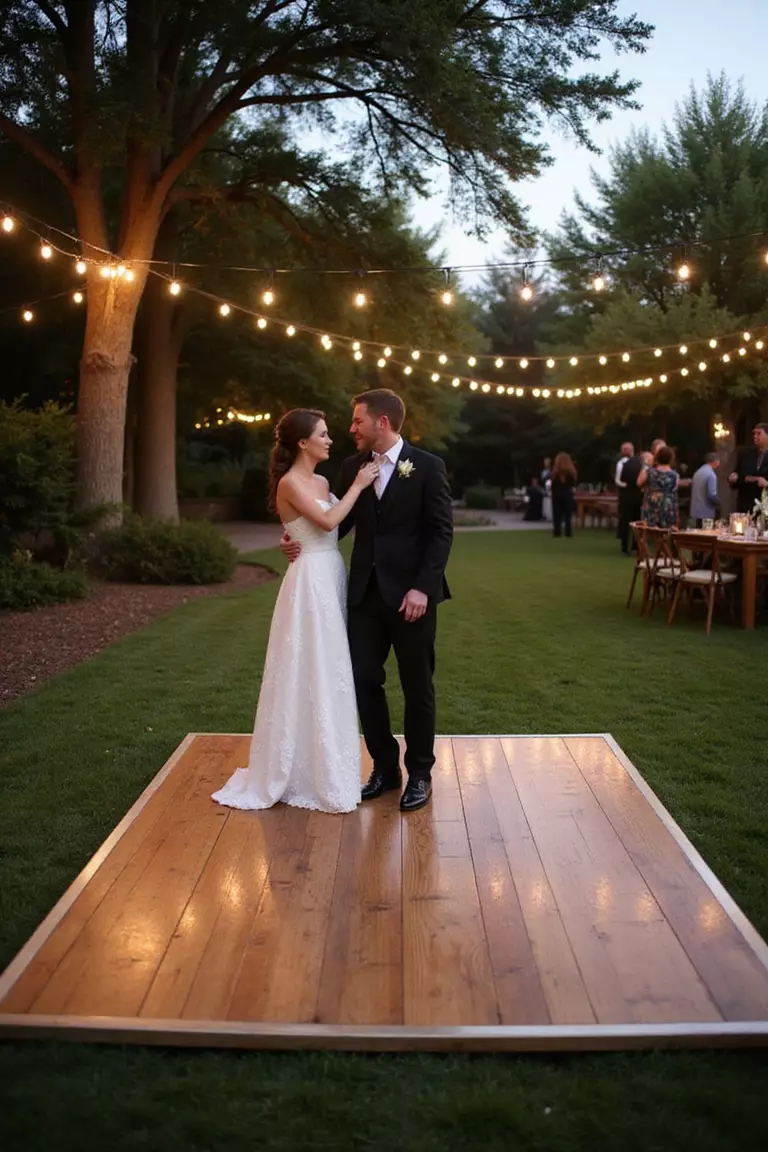 Outdoor Dance Floor A professional photo, similar to a photo in a wedding magazine, of a wooden dance floor set up on grass under string lights, with happy couples dancing at an evening garden wedding reception.
