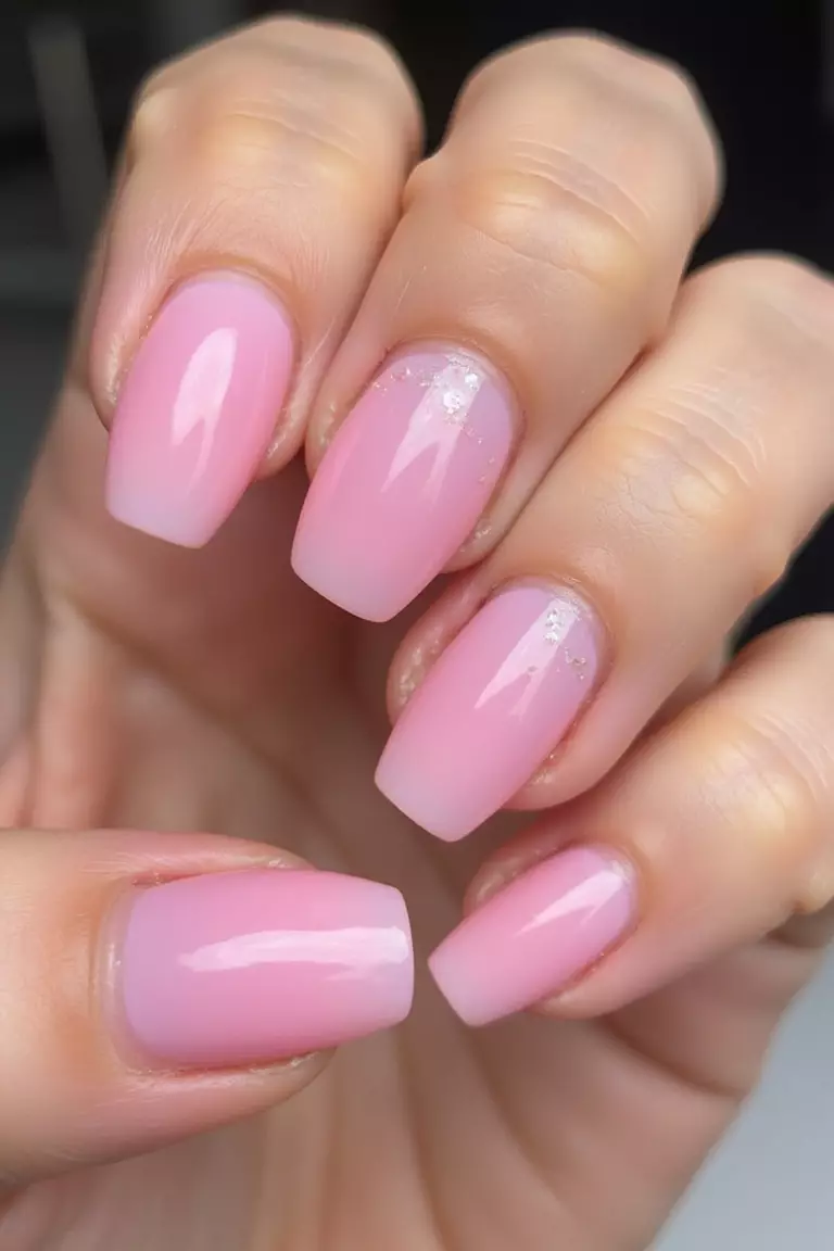 Translucent Pink Jelly Nails Close-up of a woman's hand with five fingers featuring translucent pink jelly nails, see-through with candy-like finish, high gloss.