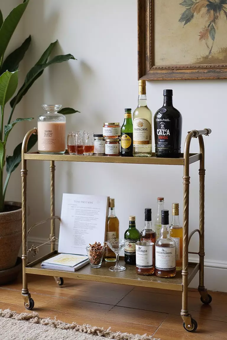 Customized Cocktail Bar A professional photo, similar to a photo in a home design magazine, of a bar cart with spirits, mixers, garnishes, recipe cards, and two special glasses ready for making cocktails.