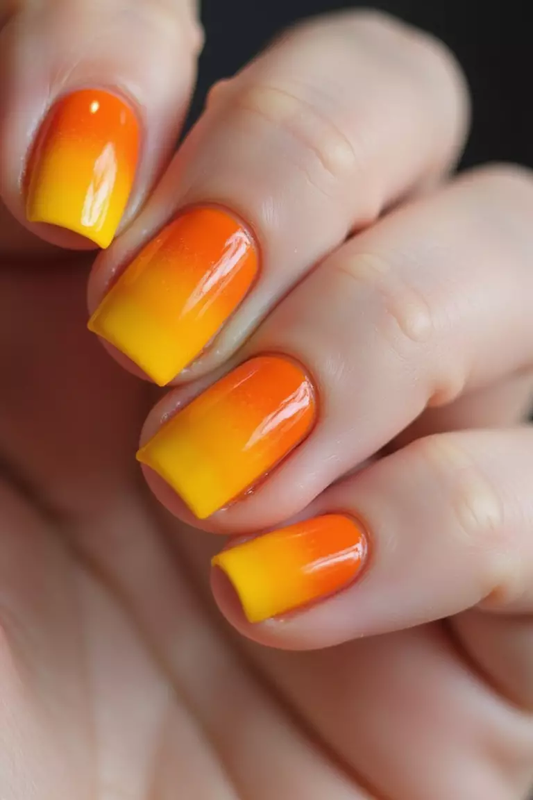 Citrus Cutie Close-up of a woman's hand with five fingers featuring short nails painted in bright orange and yellow citrus-inspired colors with a glossy finish.