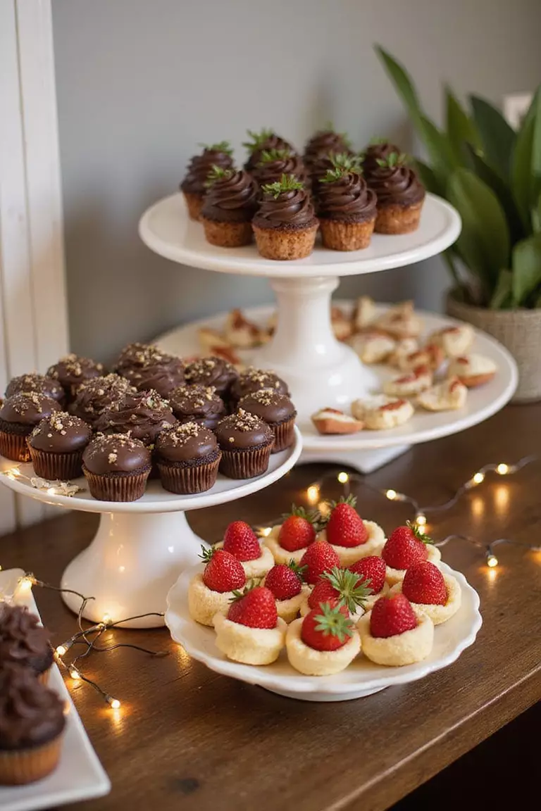 Dessert Bar A professional photo, similar to a photo in a home design magazine, of a small table displaying cupcakes, chocolate-covered strawberries, and bite-sized desserts on tiered stands with decorative lighting.