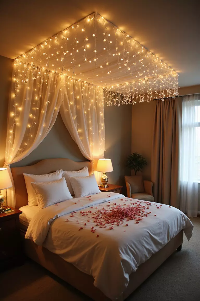 Fairy Light Canopy A professional photo, similar to a photo in a home design magazine, of a bedroom ceiling covered with hanging fairy lights creating a magical canopy effect over a neatly made bed with rose petals.