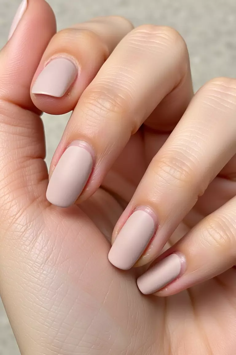 Matte Finish Close-up of a woman's hand with matte finish nails in a neutral tone, creating subtle elegance against a soft background texture.