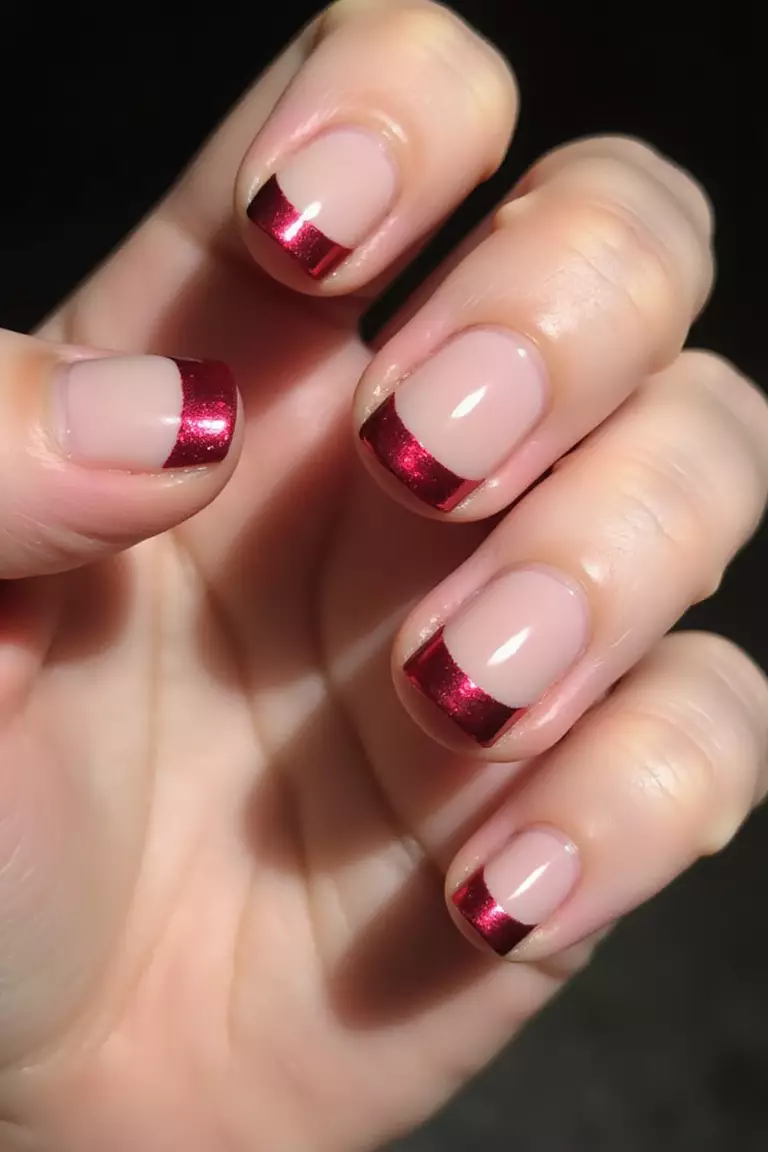 Close-up of a woman's hand with nude nails featuring metallic red chrome tips that catch light brilliantly, creating a modern take on French manicure.