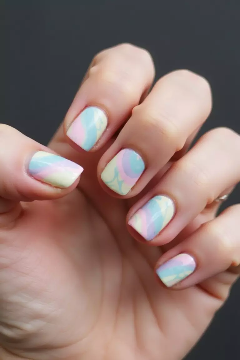 Groovy Baby Close-up of a woman's hand with five fingers featuring short nails with retro-inspired swirls in pastel colors creating a modern yet vintage-inspired design.