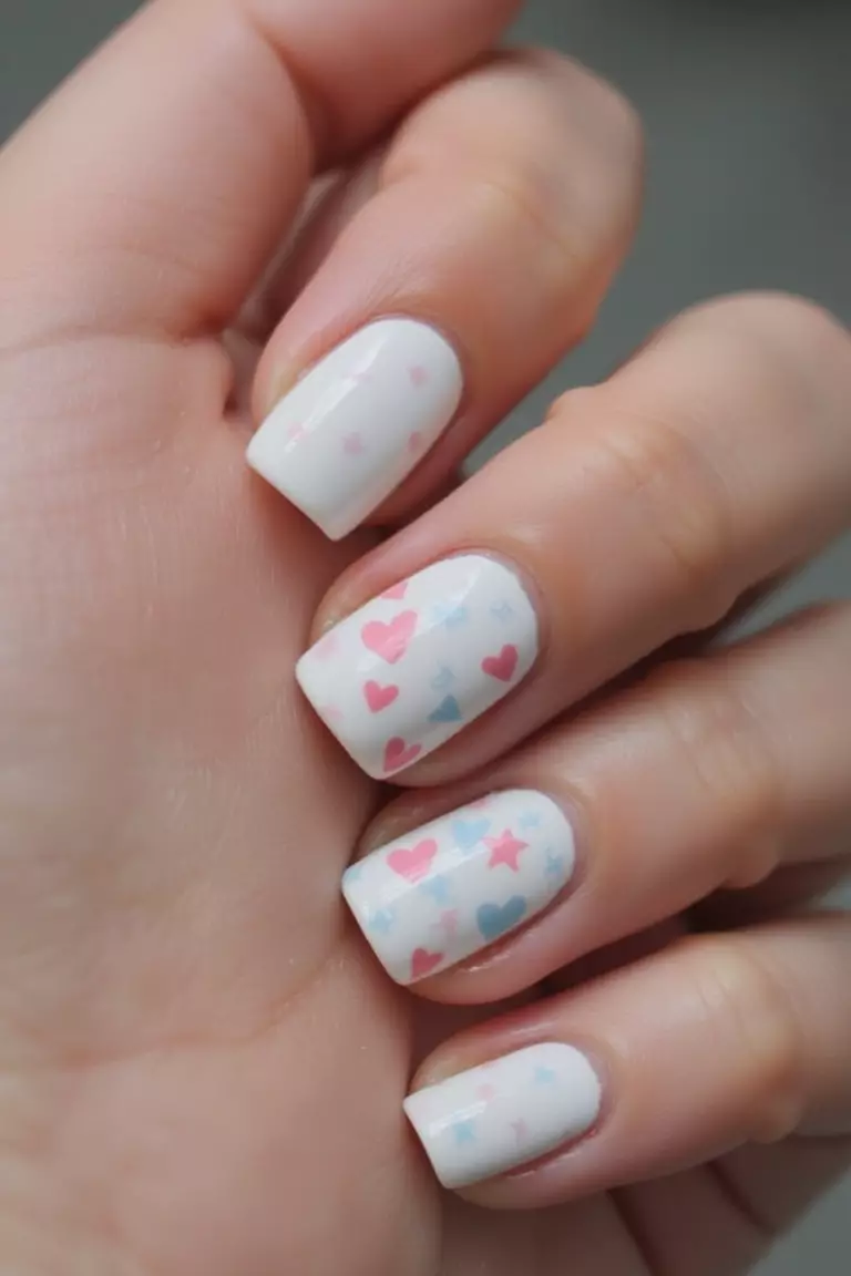 Whimsical White Wedding Nail Designs Close-up of a woman's hand with five fingers featuring white nails with playful, hand-painted designs like tiny hearts, stars, or abstract patterns.
