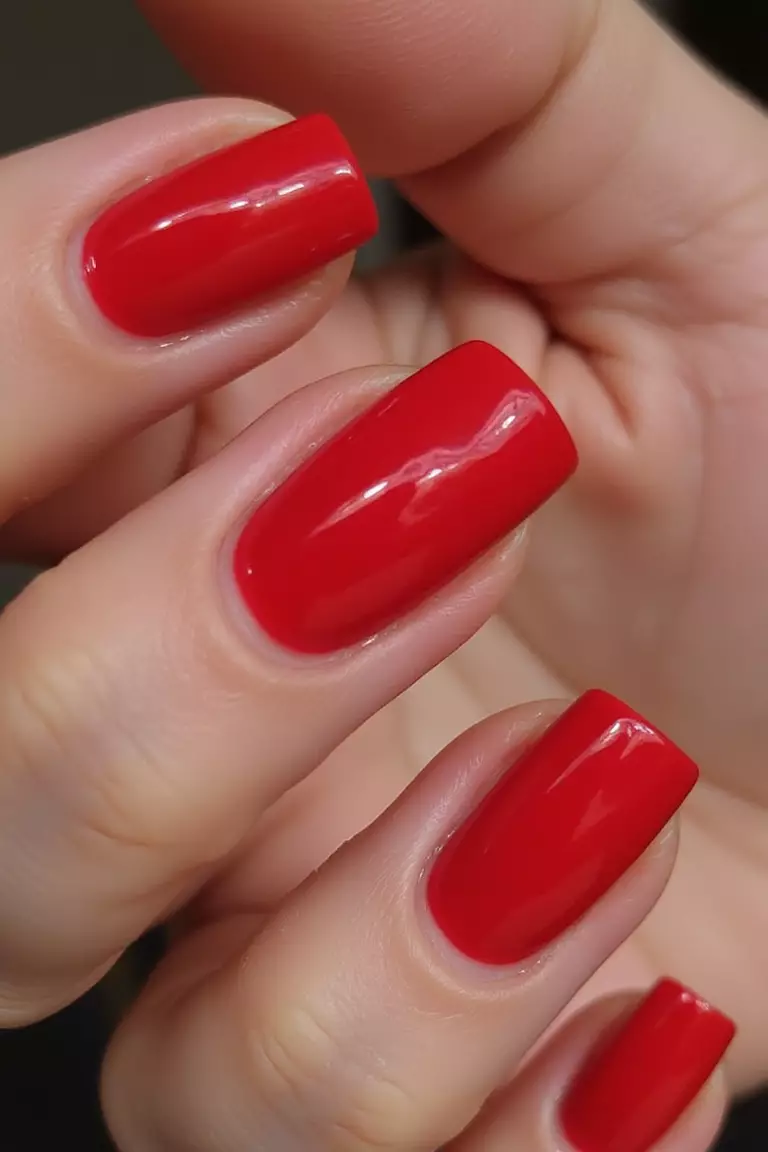 Close-up of a woman's hand with bright, vibrant cherry-red nails that pop with color.