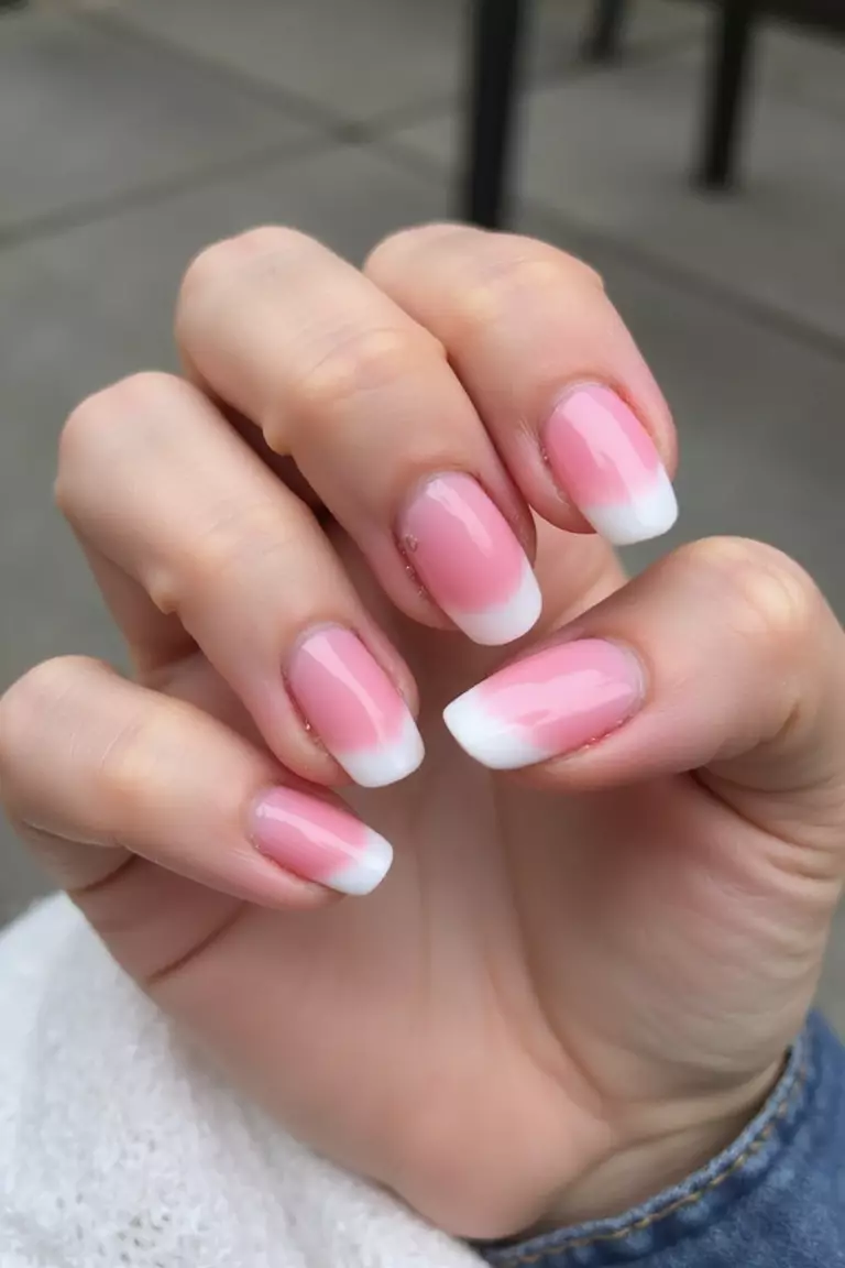 Gradient Pink to White Close-up of a woman's hand with five fingers featuring gradient nails transitioning from pink at base to white at tips, smooth color fade.