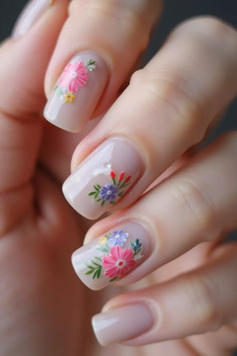 Colorful Nail Art Close-up of a woman's hand with five fingers featuring short nails with delicate, colorful floral nail art designs on a neutral base, showing intricate details.
