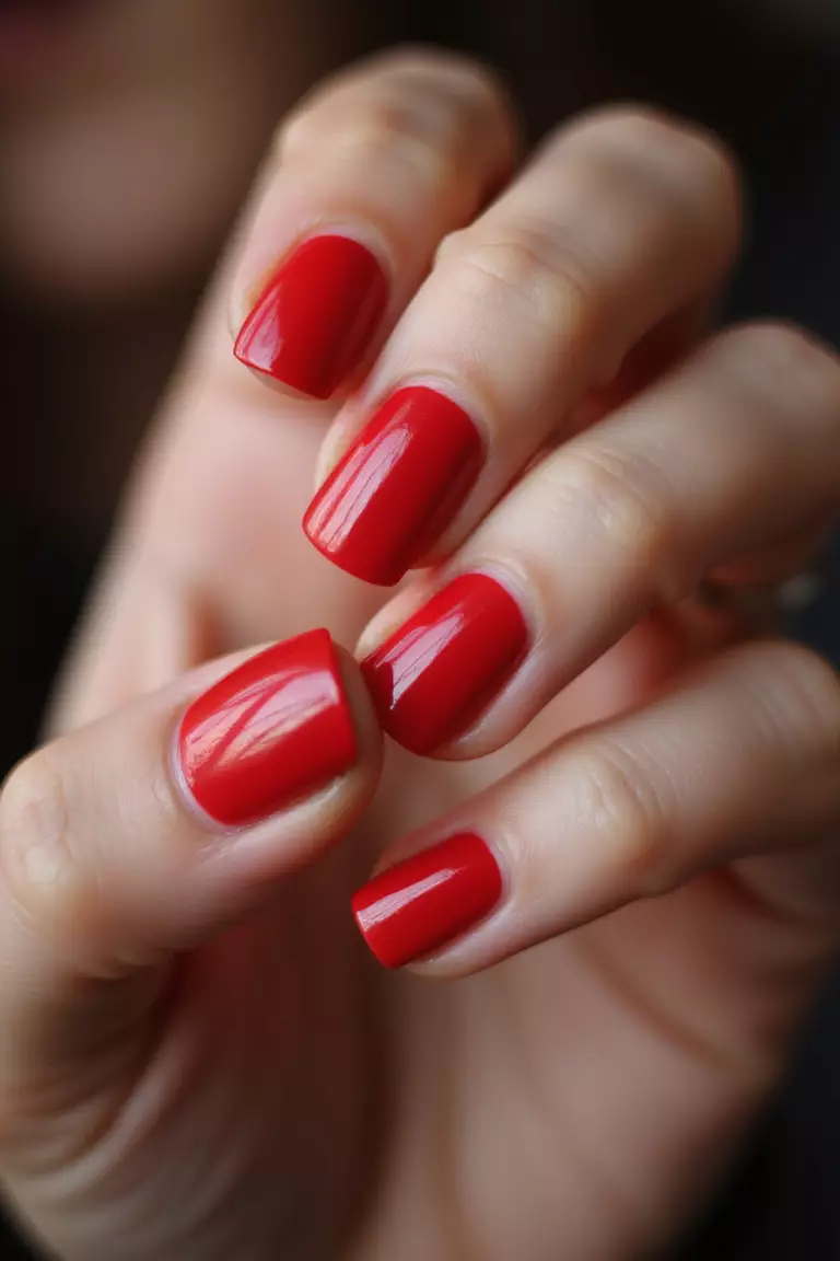 Close-up of a woman's hand with perfectly shaped nails painted in timeless, true red polish with a flawless finish, posed elegantly.