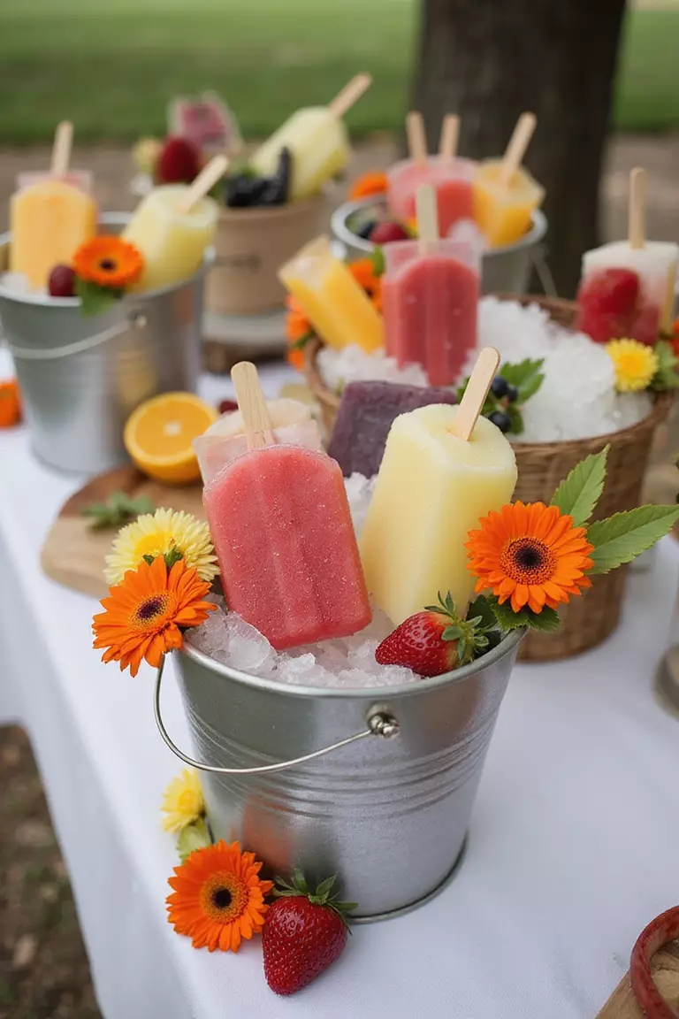 Popsicle Station A professional photo, similar to a photo in a wedding magazine, of a charming popsicle station with colorful fruit popsicles in ice buckets, decorated with fresh fruits and flowers.
