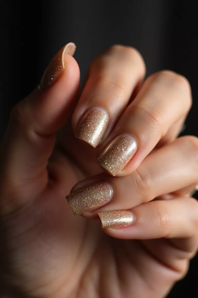 Glam and Glitter: Sparkling Accents for the Spotlight Bride Close-up of a woman's hand with champagne-colored nails covered in fine gold glitter with extra sparkle on the ring finger against a dark, elegant background.