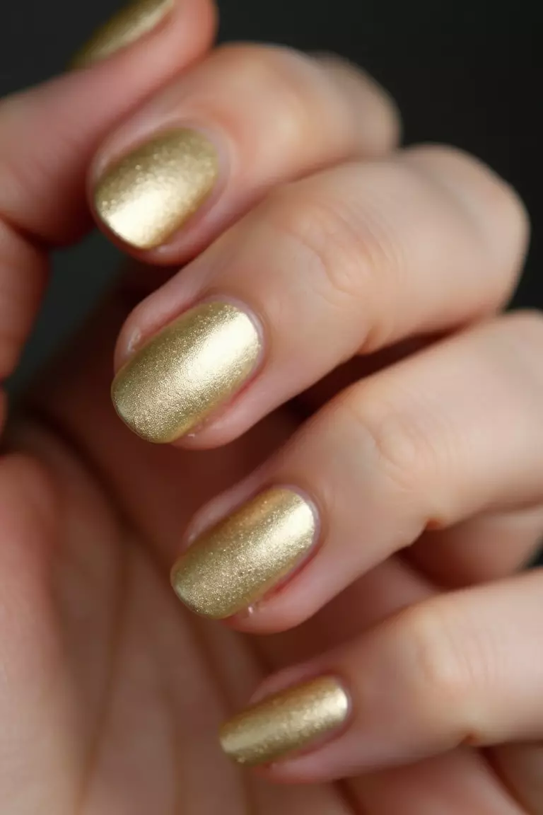 Go For the Gold Close-up of a woman's hand with five fingers featuring short nails painted in elegant gold metallic polish with a smooth, reflective finish.