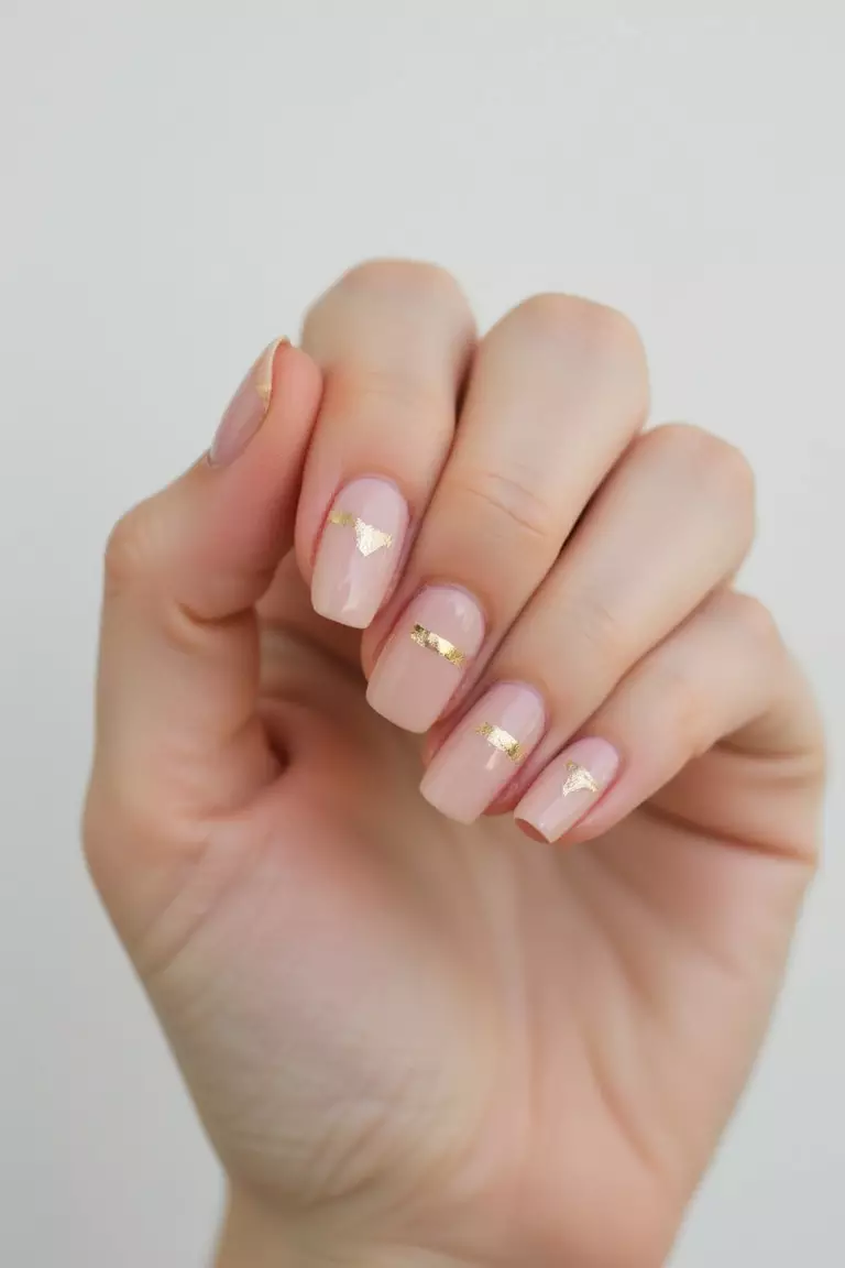 Minimalist Magic: Simple Yet Sophisticated Summer Nail Ideas Close-up of a woman's hand with clean, natural-looking nails featuring single thin gold lines across each nail against a minimalist white background.